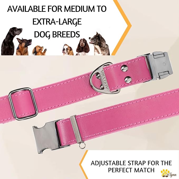 ADITYNA Pink Leather Dog Collar with Metal Buckle - Heavy-Duty, Adjustable for Large & Extra Large Girl Dogs - Walking & Training (Pink, Fits 19-30" Necks)