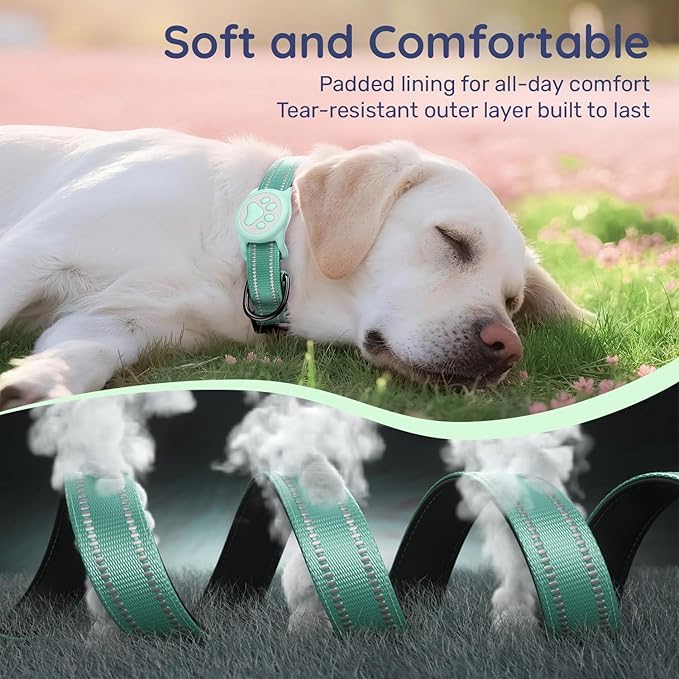 Airtag Dog Collar, Reflective Ultra-Durable Nylon Padded with QR Code Buckle & IP68 Waterproof Air Tag Holder Compatible for Apple AirTag, Comfortable for Small Medium Large Dogs(Green,S)