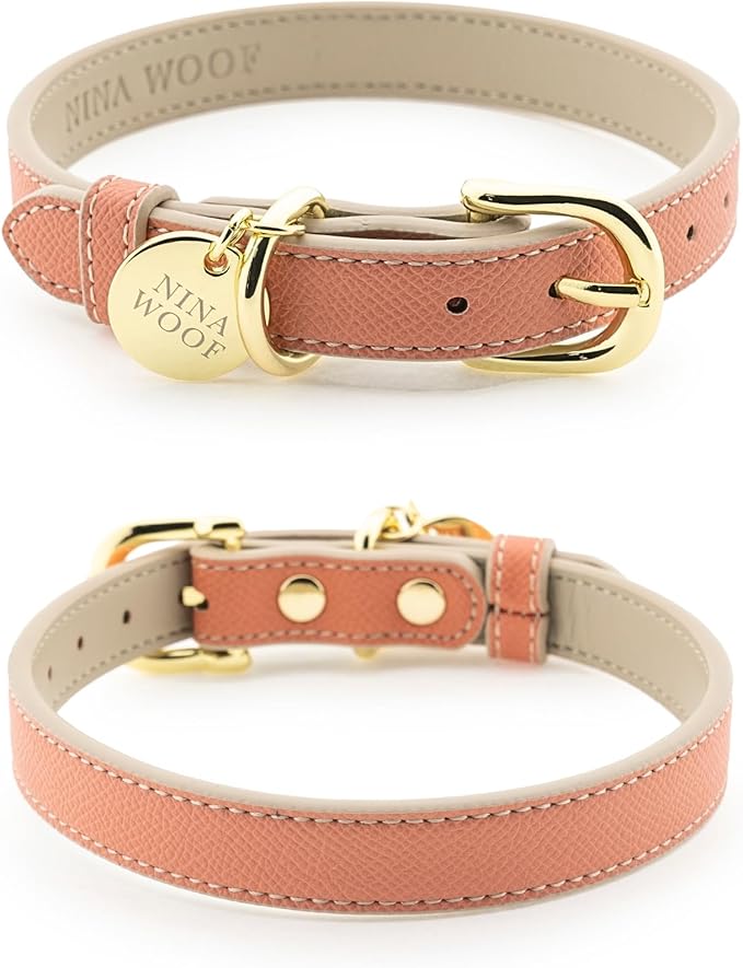 NINA WOOF Rio Vegan Leather Dog Collar - Padded Luxury Dog Collar with Adjustable Buckle - Color Peach (Small)