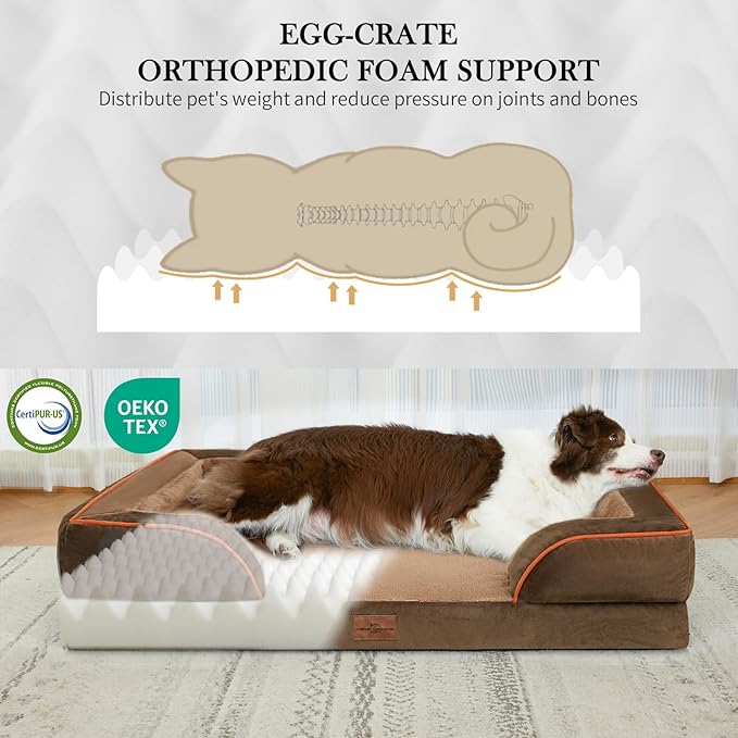 Comfort Expression Orthopedic Dog Bed for Extra Large Dogs 53x42 Inch, Waterproof Supportive Egg Crate Foam XXL Pet Bed with Removable Bolsters, Dog Couch with Washable Cover & Non-Slip Bottom, Brown