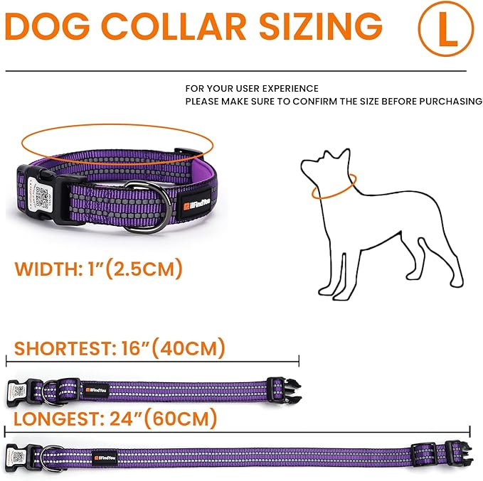 Reflective Dog Collar with QR Code Tag, Personalized Dog Collar, Safety Night Visibility, Anti-Loss Function (Purple, Large)