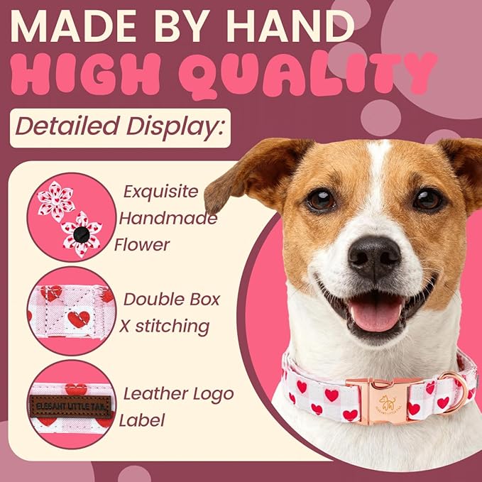 Elegant little tail Valentine's Dog Collar - Pink Plaid Red Heart Dog Collars Flower Pet Collars with Sturdy Metal Buckle Cute Puppy Adjustable Collar for Medium Dogs