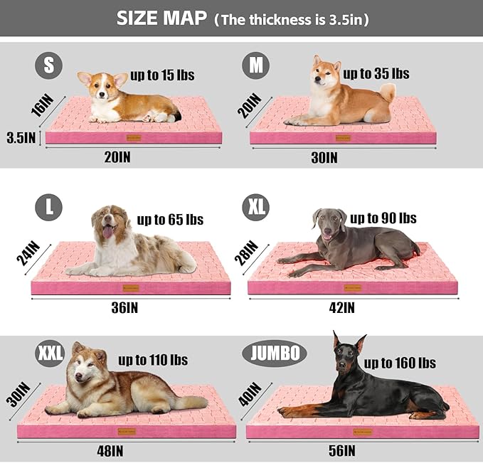 Patas Lague Orthopedic XL Dog Bed Large Sized Dog 42''X28'', Waterproof Soft Comfortable Egg Crate Foam Large Pet Beds Crate Mat with Removable Washable Cover and Nonskid Bottom, Pink