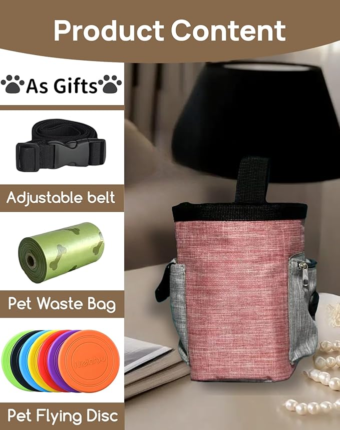 4-in-1 Dog Treat Pouch-3-Way Waterproof Cationic Linen Bag with Side Pockets & Compact Design Holds 3 Cups for Outdoor/Hiking with Poop Bag, Adjustable Belt & Silicone Flying Disc (Khaki)