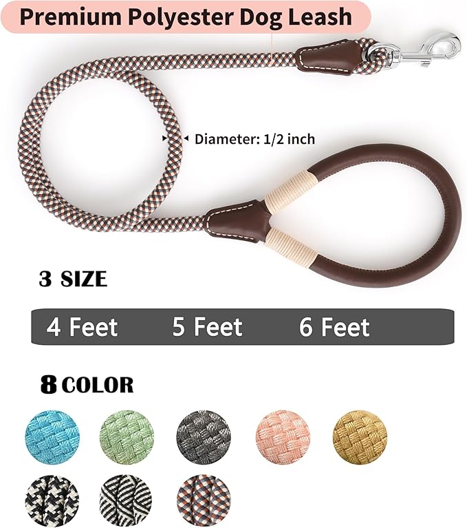 Mile High Life Genuine Leather Wrapped Handle Dog Leash, w Heavy Duty Clasp Rope Leash for Small Medium Large Dogs (Brown, 5FT)