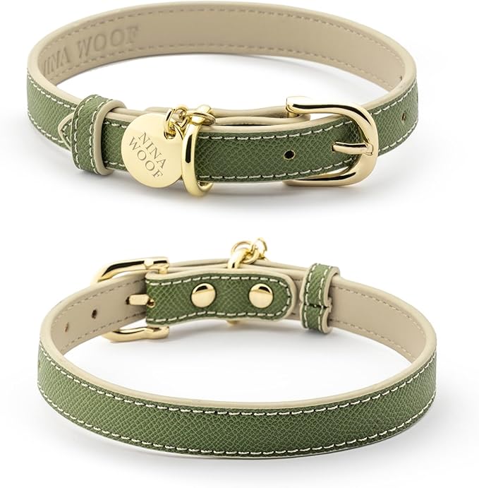 NINA WOOF Copenhagen Leather Dog Collar - Handmade with Vegan Soft Leather Round Padded Collar with Adjustable Buckle for Dogs - Color Olive, Extra Small