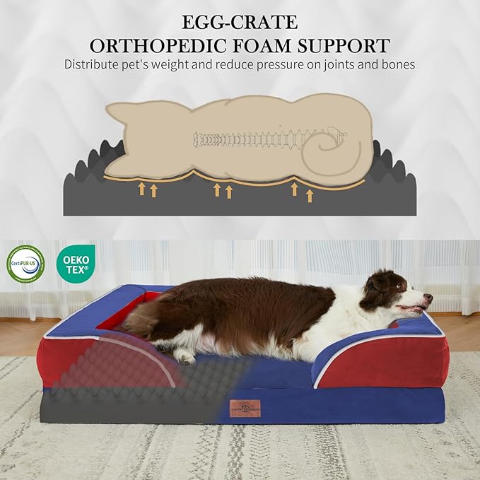 Comfort Expression Orthopedic Dog Bed for Extra Large Dogs 42x30 Inch, Waterproof Egg Crate Foam XL Pet Bed with Removable Bolsters, Dog Couch with Washable Cover & Non-Slip Bottom, Classic Tri-Color