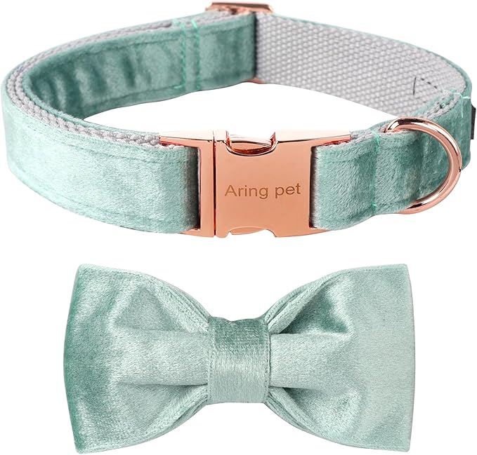 ARING PET Velvet Dog Collars with Bow tie, Dog Bowtie Collar, Adjustable Green Dog Collar,X-Small.