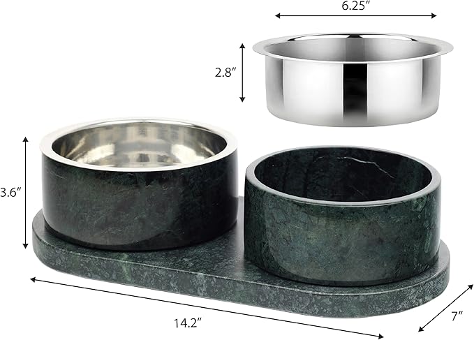 DBL1000A Marbre Small/Medium Modern Weighted Double Marble and Stainless Steel Bowl 12oz (1.5 Cups) Feeder with Non-Slip Marble Tray Set, Green