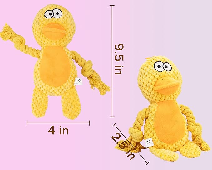Dog Toy Squeaky Chewing Rope Stuffed Plush Animal with Crinkle Paper Interactive Soft Aggressive S-M-L Pets Gift Holiday Yellow Duck