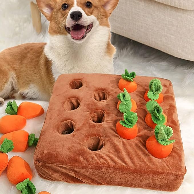 Carrot Dog Toy, Snuffle Mat for Dogs Toy Carrot, Interactive Carrot Dog Puzzle, 2 in 1 Non-Slip Nosework Feed Games, Dog Carrot Toy Pet Stress Relief with 12 Carrots