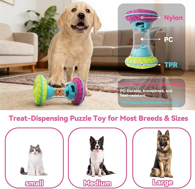 MateeyLife Interactive Dog Roller Puzzle Toy, Durable Dumbbell Dog Toys to Keep Them Busy | Adjustable Treat Dispensing Dog Toys, Slow Feeder & Silent Rolling for Apartment, Purple