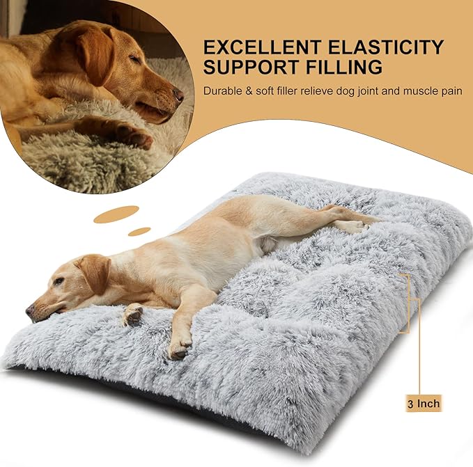 BFPETHOME Dog Beds for Large Dogs, Plush Dog Crate Bed Fluffy Cozy Kennel Pad for Sleeping &Ease Anxiety, Washable Pet Mats with Anti-Slip Bottom for Large Medium Dogs, Pet Bed, Grey