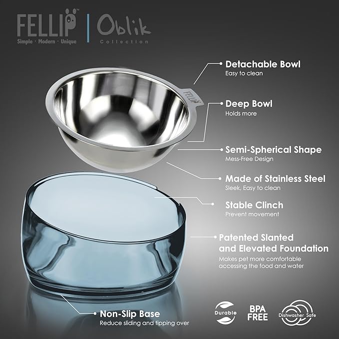 Felli Pet Oblik Acrylic Raised Dog Food Water Bowl Stainless Steel Slanted Oval Dish for Short Leg Puppy & Small Medium Pet, Elevated Tilted Metal Feeder (Shadow, 1.5 Cups Oval Dish)