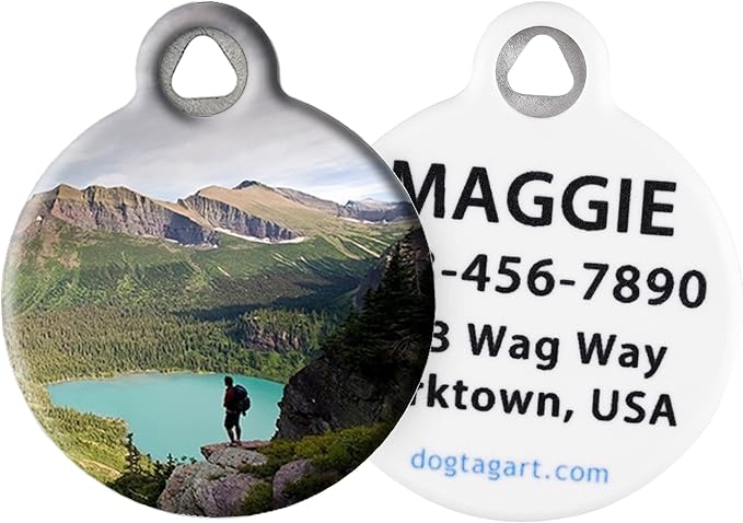 Dog Tag Art Nature and Outdoors Custom Pet ID Tag for Dogs and Cats, Personalized Dog Tag with Customized Identification, Glacier National Park Hiker, Small (7/8" Diameter)
