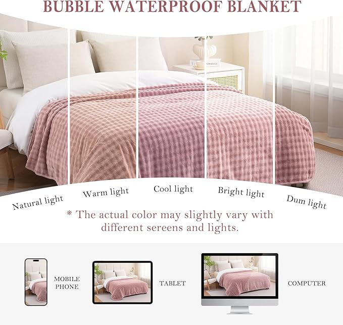 Waterproof Blanket for Bed Couch Sofa Car, Soft Leakproof Dog Blanket with 3D Bubble Pattern, Reversible Water Proof Pet Blankets for Dogs Cats Puppies (60"x80", Dusty Pink)