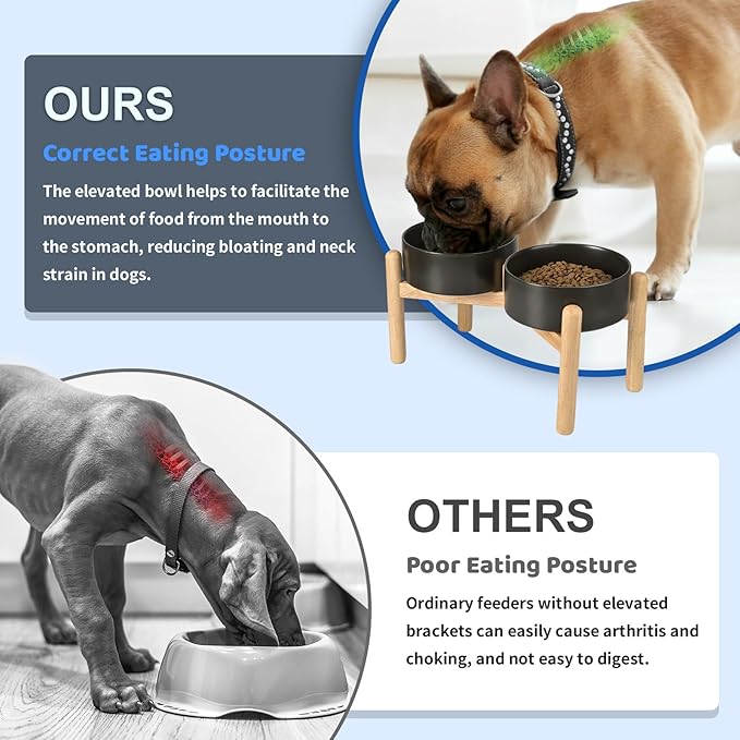SPUNKYJUNKY Ceramics Raised Dog Bowls with Wooden Stand - Elevated Dog Feeding Set (Double 28.7OZ, Black)