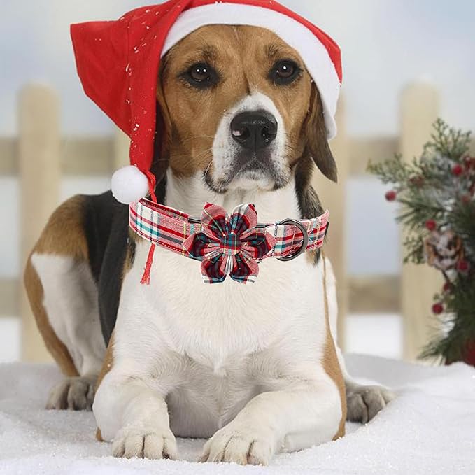 Elegant Little Tail Dog Collar with Red Plaid Christmas Pattern, Flower Dog Collar for X-Small Dogs