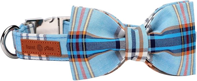 Lionet Paws Boy Dog Collar with Bowtie, Comfortable Adjustable Cute Blue Plaid Bow Tie Collar for Male Dogs Gift, XLarge, Neck 16-26 inches