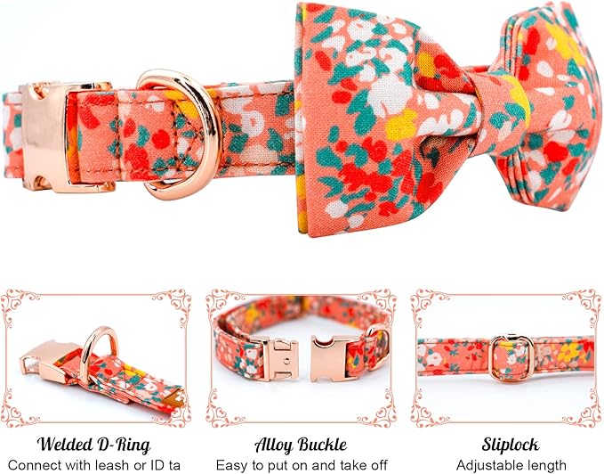 Tunkoo Dog Collar Elegant Floral Bow Tie Unique Style Super Soft Comfy Adjustable Cotton Collar with Premium Metal Buckle, for Puppy Small Medium Large Pet Supplies, M
