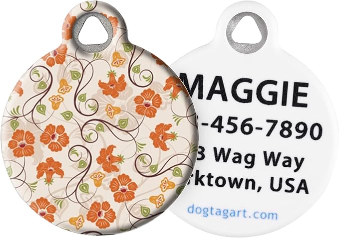 Dog Tag Art Floral Pattern Pet ID Tag for Dogs and Cats, Silent Polymer Coated Stainless Steel Nametag with Customized Identification Information - Large 1.25" Diameter