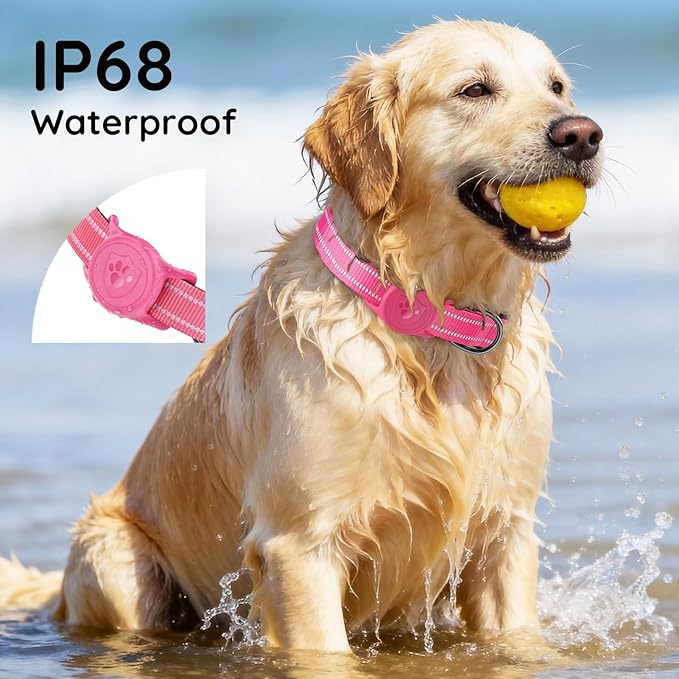 Airtag Dog Collar, Dog Collar with Airtag Holder Compatible for Apple Air Tag, Fit Circle Airtag Holder(Not Fit Other Shapes) for Large Dogs IP68 Waterproof(Rose Red,L)