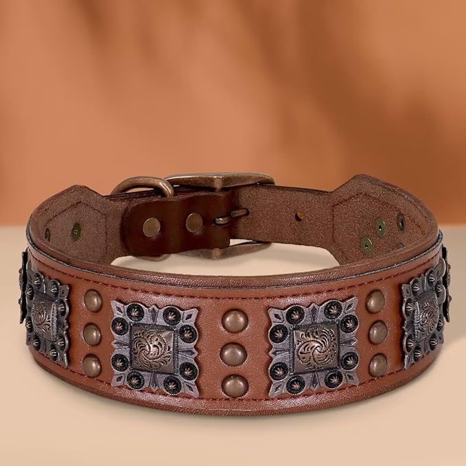 PET ARTIST Genuine Leather Dog Collar for Large Dogs, 2 inch Wide Dog Collar Leather with Rivet Studded & Metal Buckle, Soft Padded & Hand Made for Great Dane Rottweiler,Brown,Neck 22-25"