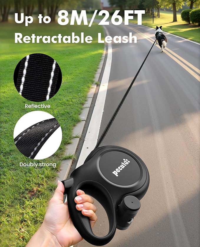 26ft Retractable Dog Leash, Heavy Duty Retractable Pet Leash with Poop Bag Holder, Anti-Slip Soft Grip, Reflective Dog Leashes for Medium Dogs Large Dogs 33lbs-110lbs(Black)