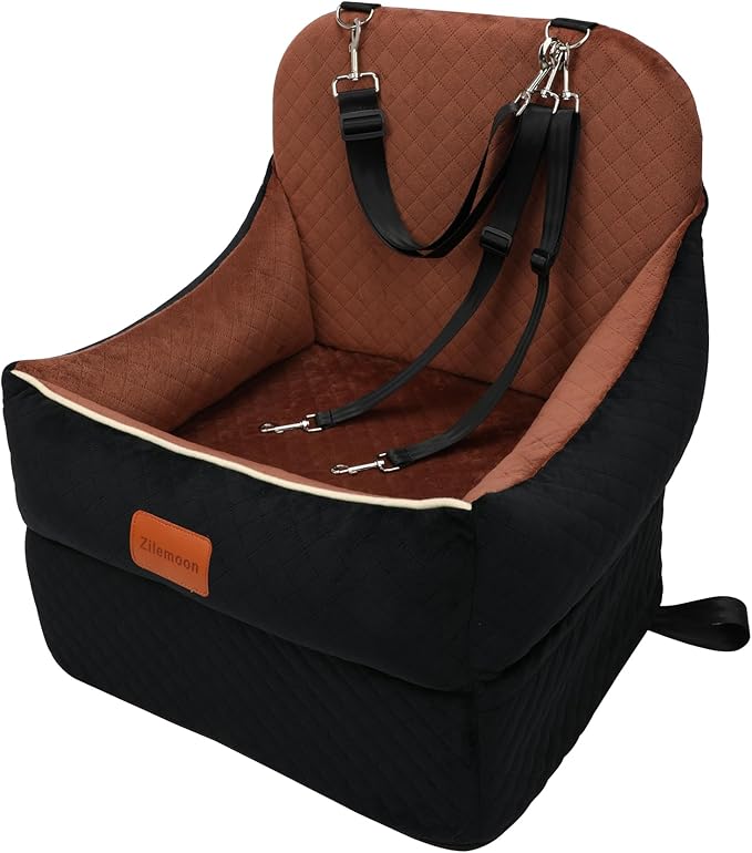 Car Dog Booster Seat,Interior Height 7 Inches Elevated for Small Dog up to 35 lbs,Pet Car Travel Safety Seat with 2 Safety Leashes,Storage Pockets,Non-Slip Bottom(Lookout-Black Outside Brown Inside)