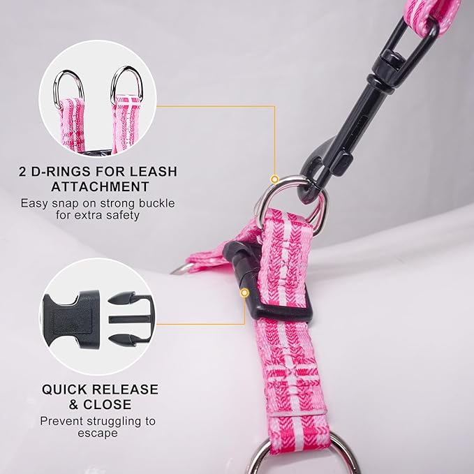 BEAUTYZOO No Pull Dog Harness and Leash Set - Adjustable Step-in Puppy Harness for Small Medium Large Dogs, Escape Proof Soft Nylon Vest with Double D Ring for Walking Running Training, Pink Plaid XS