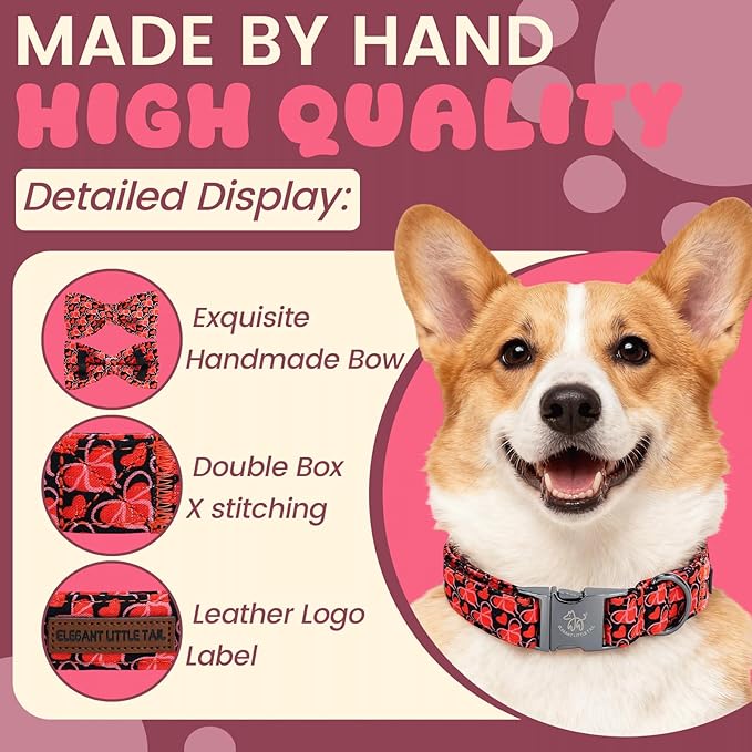 Elegant little tail Valentine's Dog Collar - Red Heart Dog Collars Bowtie Pet Collars with Sturdy Metal Buckle Puppy Adjustable Collar for X-Large Dogs