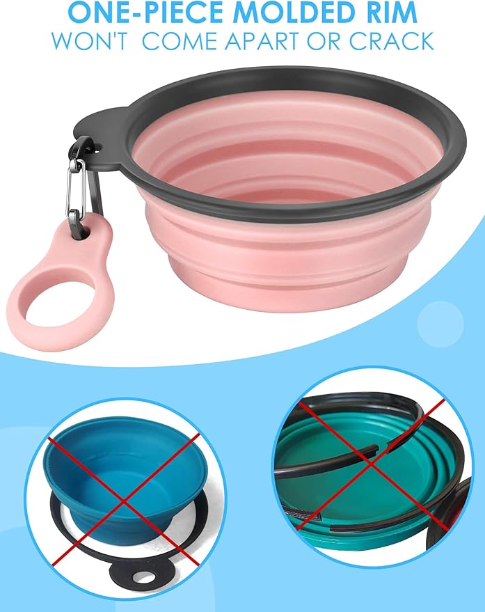 Aonkey Collapsible Dog Bowls with Bottle Carrier, 2 Pack Travel Dog Water Bowl Upgraded Carabiner, One-Piece Molded Rim No Fall Off or Crack 37oz, Blue & Green