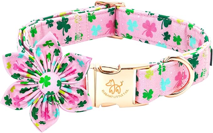 Elegant little tail St Patrick's Dog Collar with Flower Green Cute Colver Cotton Shamrock Pet Collar Trefoil Puppy Collar Flower Holiday Adjustable Cotton Pet Collar for Small Medium Large Dogs