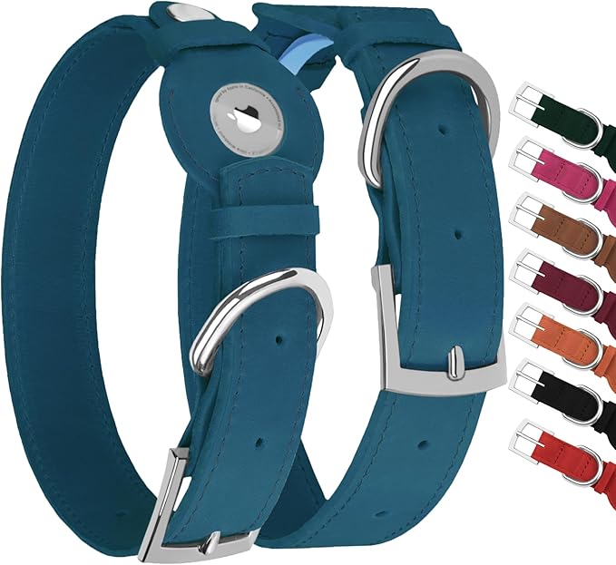 Leather Dog Collar with Airtag Holder - Apple Air Tag Dog Collars - Soft Tracking GPS Pet Collar for Small Medium Large Dogs Breed Puppy (Smoky Blue, S, 9"-12" Neck Fit)