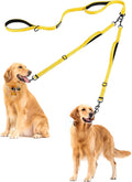 PetBonus Double Dog Leash, No Tangle Dual Leash, Reflective Walking Training Lead, 4 Comfortable Padded Handles for 2 Dogs with Collapsible Bowl and Waste Bags (Yellow, Large)