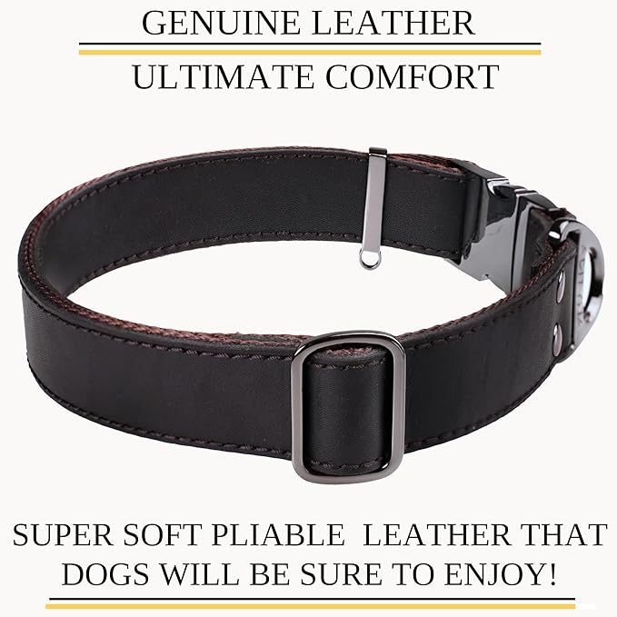 ADITYNA Leather Dog Collar with Metal Buckle - Heavy-Duty, Adjustable for Medium & Large Dogs - Walking, Training, Tactical (Black, Fits 15-21" Necks)