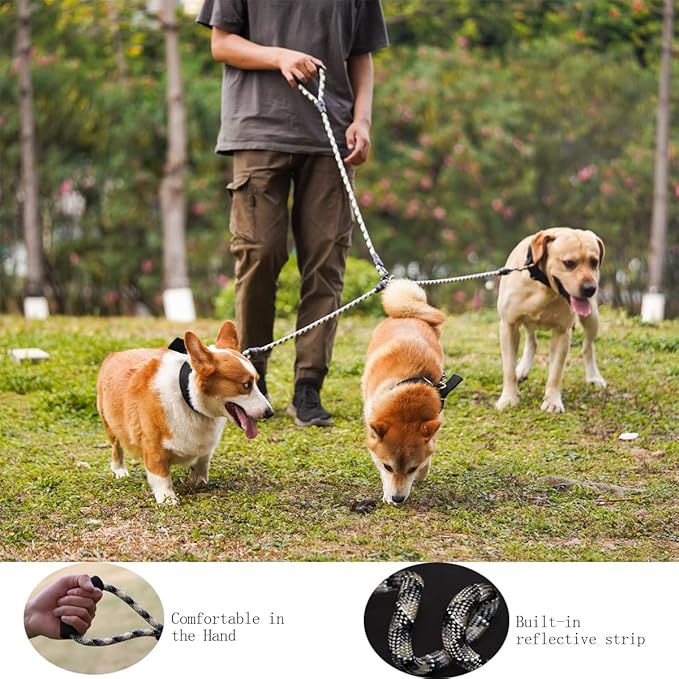 3 Dog Leash - Padded Handle, 360° Swivel Multiple Dog Leash No Tangle, Lead for Medium Large Dogs, Walking & Training Double Dogs (Black White)