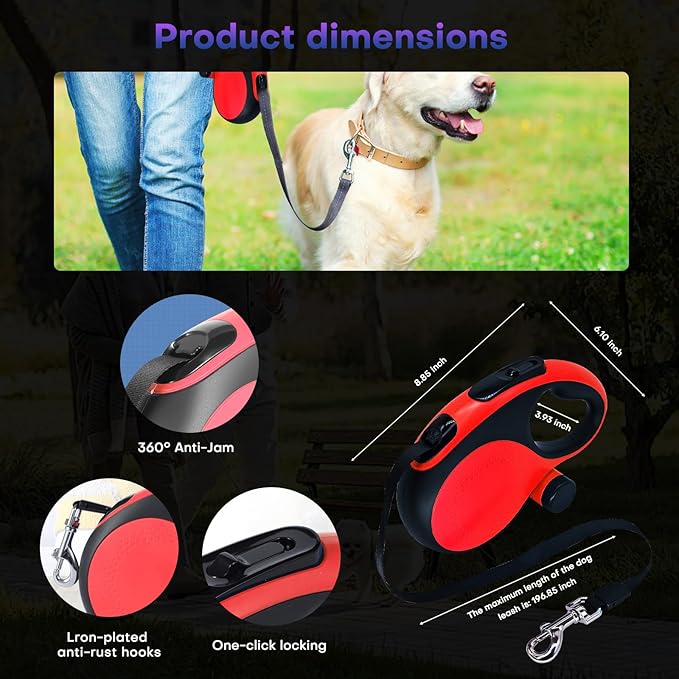 Retractable Dog Leash with Chew Proof Cable, 26ft Heavy Duty Dog Leash for Medium Large Dogs up to 110lbs, Strong Nylon Strap That Won't Tangle,360° No Tangle, one-Hand Brake.(Red, 26Ft)
