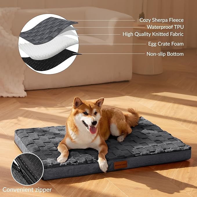 Patas Lague Orthopedic XL Dog Bed Large Sized Dog 48''X30'', Waterproof Soft Comfortable Egg Crate Foam Large Pet Beds Crate Mat with Removable Washable Cover and Nonskid Bottom, Dark Grey