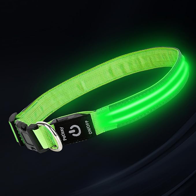 PetIsay Dog Light up Collar for Night Walking - High Visibility LED Dog Collar - Rechargeable - Waterproof - Reflective - Adjustable Lighted Glow Collars(Green, Medium)