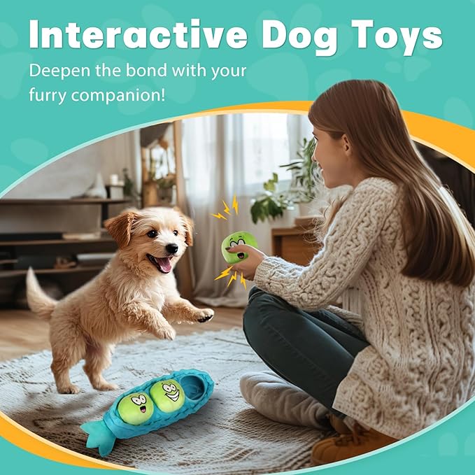 Interactive Hide and Seek Dog Toy for Small Dogs – Cute Plush Pea Pod with 3 Squeaky Balls and Crinkle, Puzzle Toy for Puppies and Gentle Chewers
