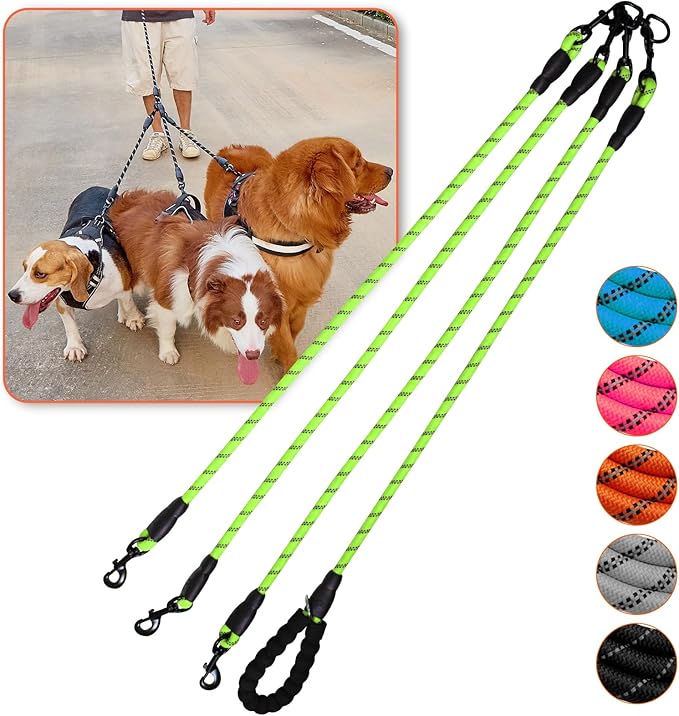 Three Dog Leash No Tangle Triple for 3 Dogs,360 Swivel No Tangle Walking Leash for 3 Dogs with Reflective for Large Medium Small Dogs (Green, 3 Way)