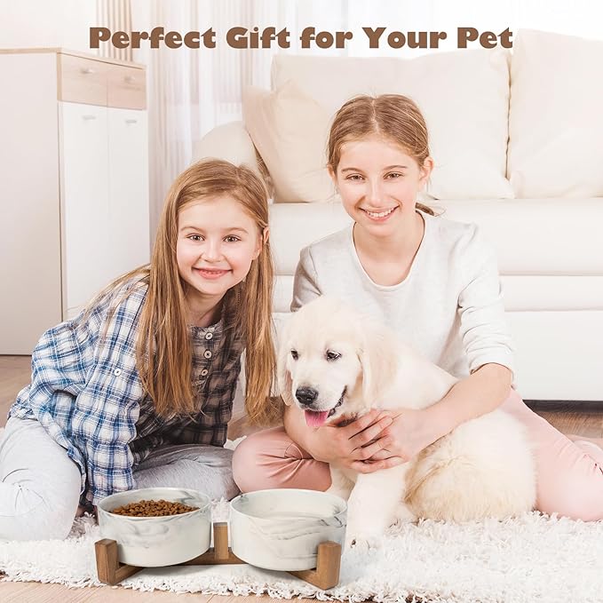 Dog Bowls Set with Wood Stand, 1.7-Cup Ceramic Puppy Bowls for Small Dogs,Weighted Food Water Bowl Set for Dog and Cat