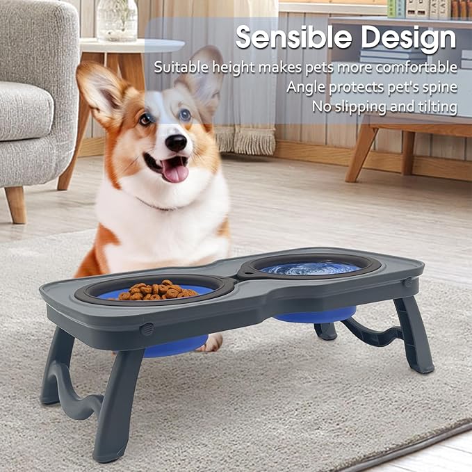 PINVNBY Elevated Portable Dog Bowl, Travel Raised Dog Stand with Collapsible Silicone Double Diner Puppy Bowls Non-Slip Dog Food Water Bowls Holder for Small Dogs and Cats - 14.6" L x 7.5" W x 3.9" H