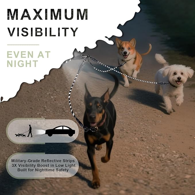 No Tangle 3 Dog Leash - Main Lead Rope with Padded Handle, Three Detachable Leash Splitters, Heavy-Duty Clip, 4.76ft for Walking, Running, Small, Medium, Large Dogs (Black)