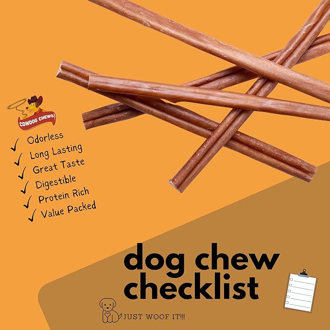 Cowdog Chews Beef Bully Stick: Odor-Free, Fully Digestible Beef Collagen Chews (9-12", 25 Count) - Natural, Grain-Free, Long-Lasting Collagen Bully Stick Substitute for All Dog Breeds