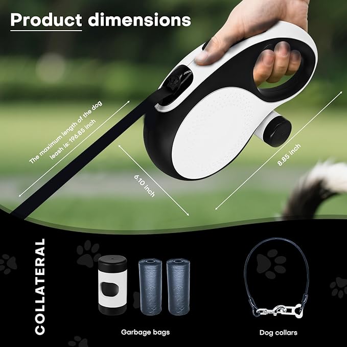 Retractable Dog Leash with Chew Proof Cable,26Ft Heavy Duty Dog Leash for Medium Large Dogs up to 110lbs,360°No Tangle,One-Handed Brake,Pause,Lock(White)
