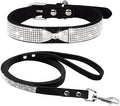 Cute Dazzling Sparkling Elegant Fancy Soft Suede Leather Bling Rhinestone Crystal Jeweled Pet Cat Dog Puppy Collar Dog Leash Combo Set (XS(Neck8-10), Black-3)