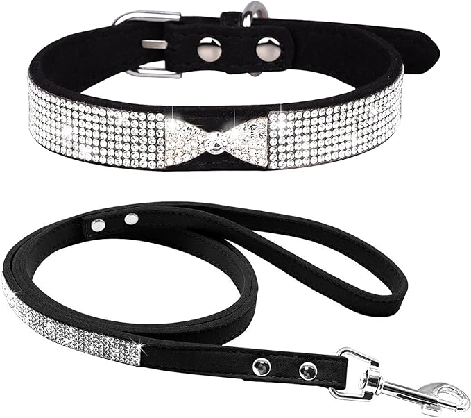 Cute Dazzling Sparkling Elegant Fancy Soft Suede Leather Bling Rhinestone Crystal Jeweled Pet Cat Dog Puppy Collar Dog Leash Combo Set (M(Neck 12.5-15"), Black-3)