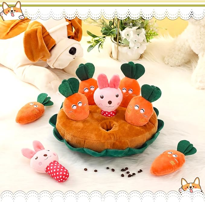 Skylety 7 Pcs Interactive Carrot and Bunny Dog Toy Set Snuffle Toy with Treat Hiding Puzzle and Squeaky Plush, Durable Interactive Dog Toys for Small Medium Dogs, Training and Boredom Relief Plaything